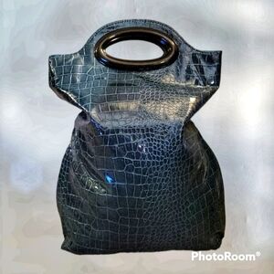 VTG 1990s Faux Alligator Teal Vertical Nappy Tote Festival Shopper Bag